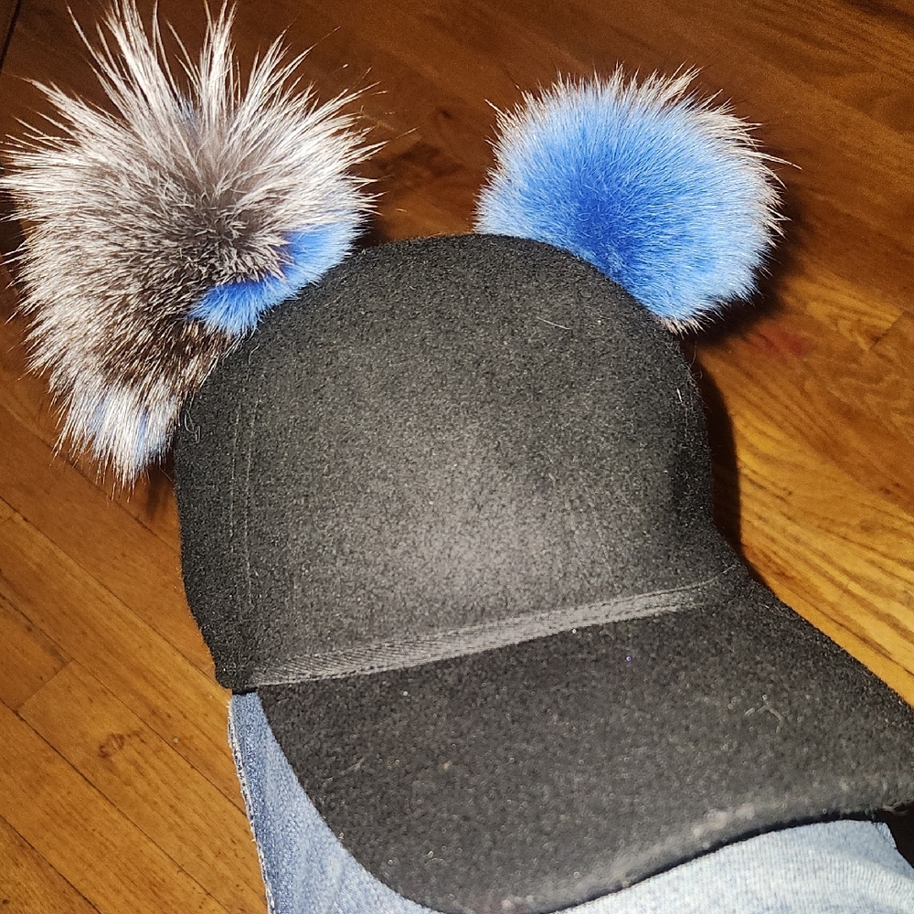 Charlotte Stone Black Hat with Blue and Gray Pom Poms